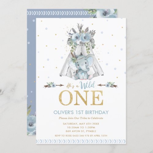 Cute Tribal Elephant Boy Wild One 1st Birthday Invitation