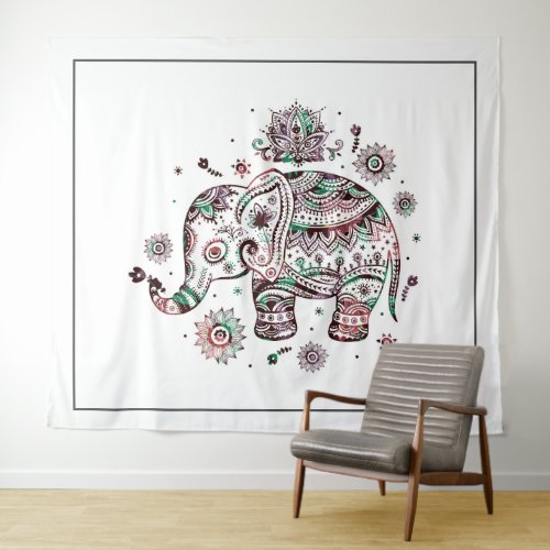 Cute tribal floral elephant illustration tapestry