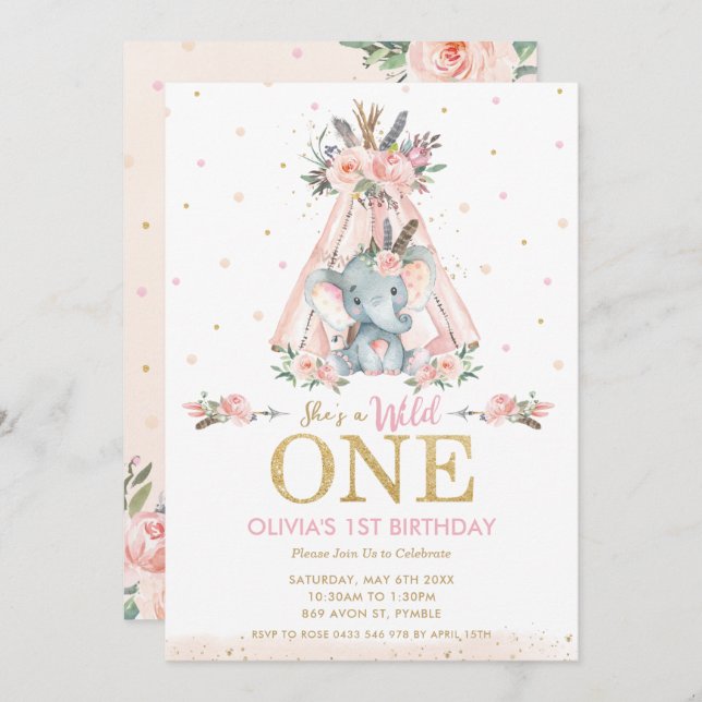 Cute Tribal Floral Elephant Wild One 1st Birthday Invitation (Front/Back)