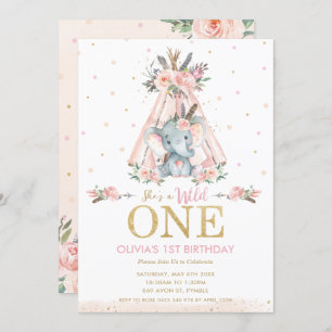 Cute Tribal Floral Elephant Wild One 1st Birthday Invitation