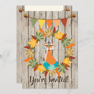 Cute Tribal Fox and Wreath Autumn Birthday Invitation