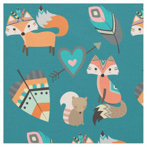 Cute Tribal Foxes on Teal Fabric
