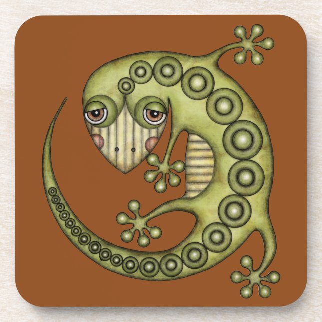 Cute Tribal Green Gecko Drink Coaster (Front)
