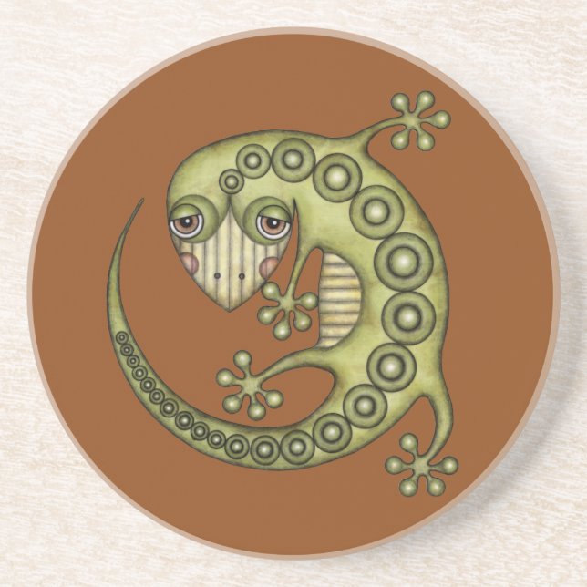 Cute Tribal Green Gecko Drink Coaster (Front)