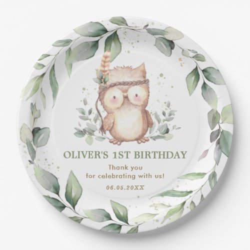 Cute Tribal Owl Chic Greenery 1st Birthday Baby  Paper Plates