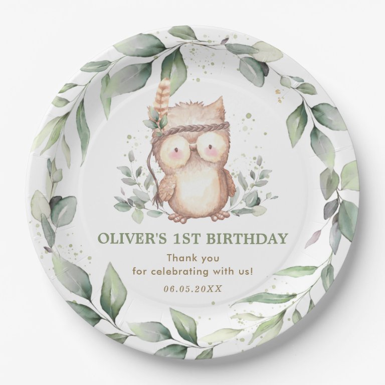 Cute Tribal Owl Chic Greenery 1st Birthday Baby Paper Plates