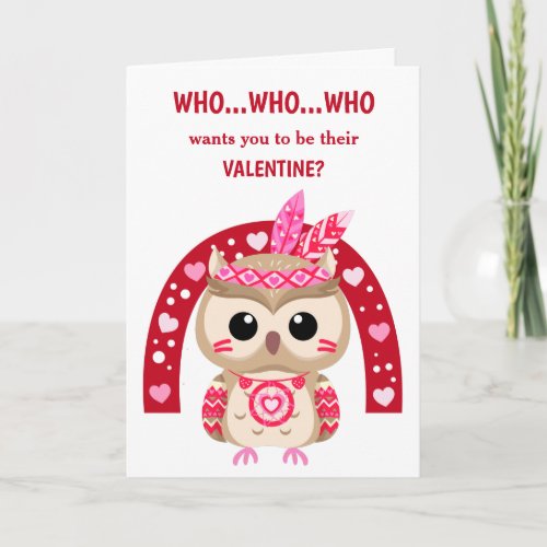 Cute Tribal Owl Rainbow Kids Valentine Card