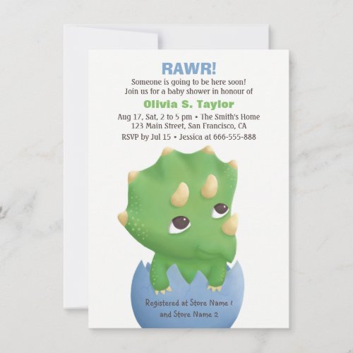 Cute Triceratops Dinosaur Baby Shower Invitations