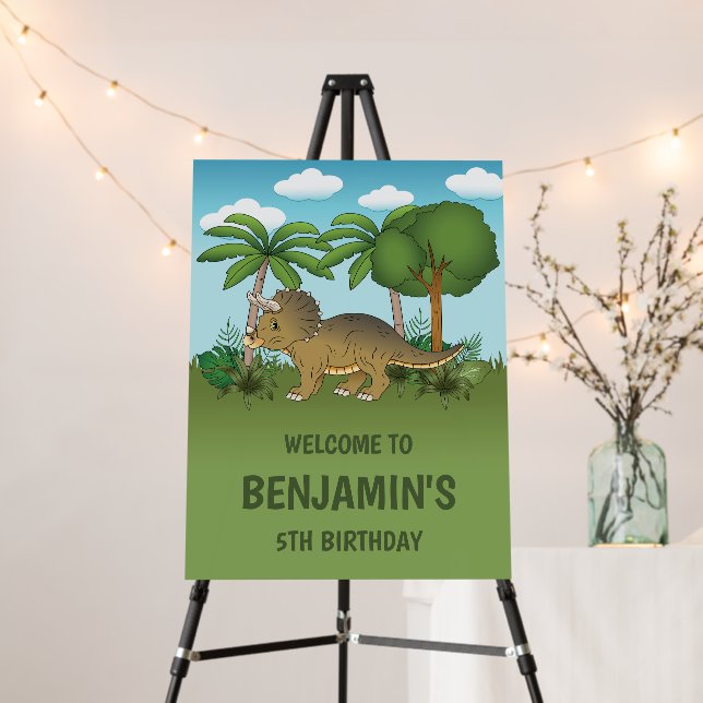 Cute Triceratops Dinosaur Birthday Party Welcome Foam Board (In Situ (Stand))