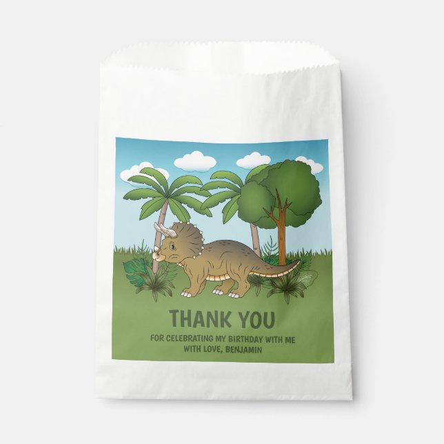 Cute Triceratops Dinosaur Birthday Thank You Favor Bag (Front)