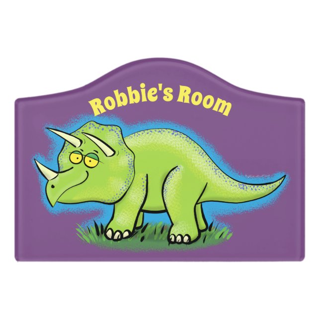 Cute triceratops dinosaur cartoon door sign (Small Crest Front)