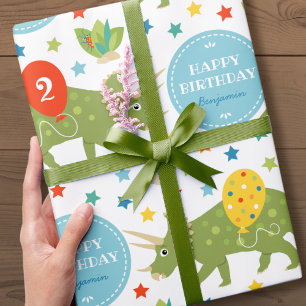 Cute Triceratops Dinosaur Kids Birthday Custom Age Wrapping Paper