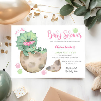 Cute Triceratops Dinosaur Tracks Girl Baby Shower Invitation