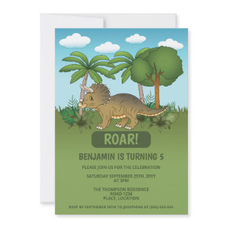 Cute Triceratops Dinosaur Tropical Kid's Birthday Invitation