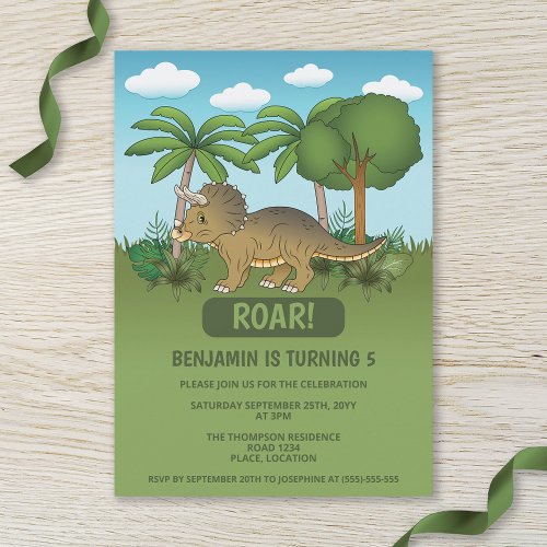 Cute Triceratops Dinosaur Tropical Kids Birthday Invitation