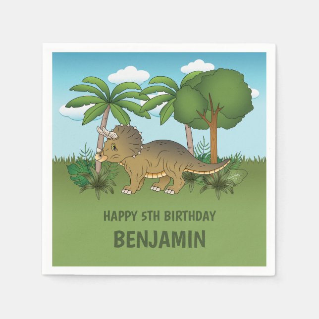 Cute Triceratops Dinosaur Tropical Kid's Birthday Napkins (Front)