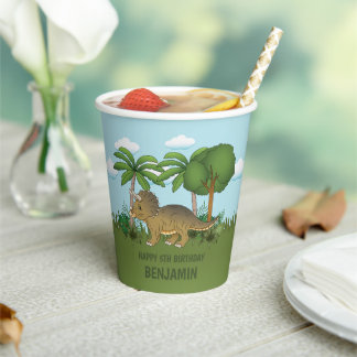 Cute Triceratops Dinosaur Tropical Kid's Birthday Paper Cups