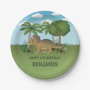 Cute Triceratops Dinosaur Tropical Kid's Birthday Paper Plates