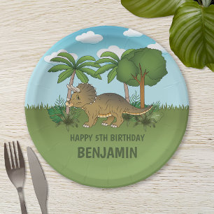 Cute Triceratops Dinosaur Tropical Kid's Birthday Paper Plates