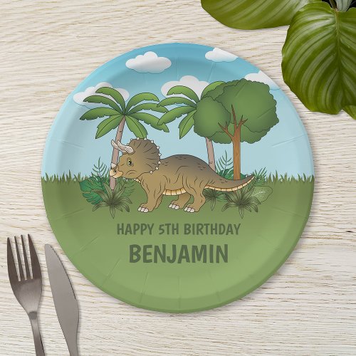 Cute Triceratops Dinosaur Tropical Kids Birthday Paper Plates