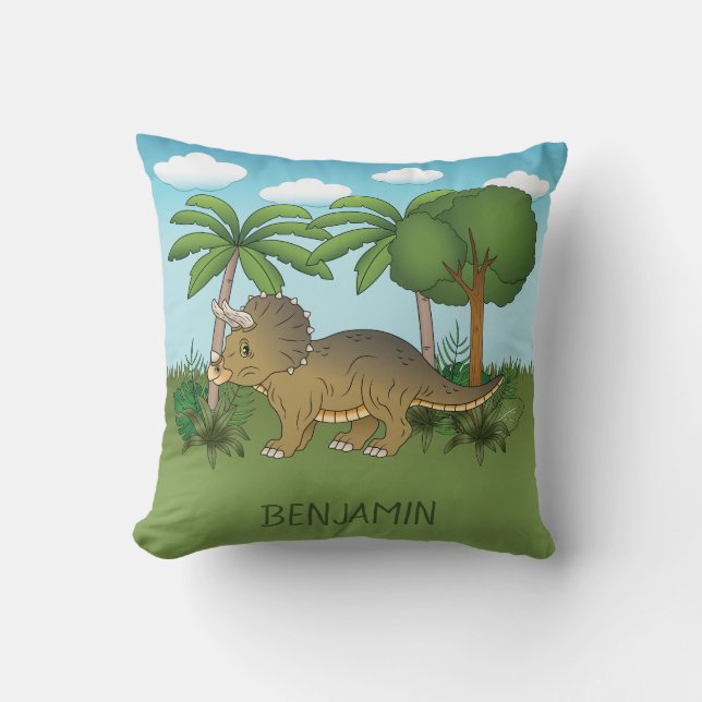 Cute Triceratops Dinosaur Tropical Nature Throw Pillow (Front)