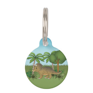 Cute Triceratops Dinosaur Tropical Palm Trees Pet ID Tag