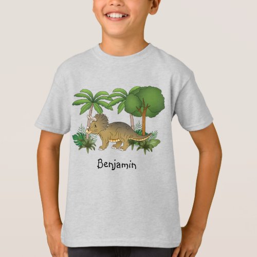 Cute Triceratops Dinosaur With Trees And Plants T_Shirt