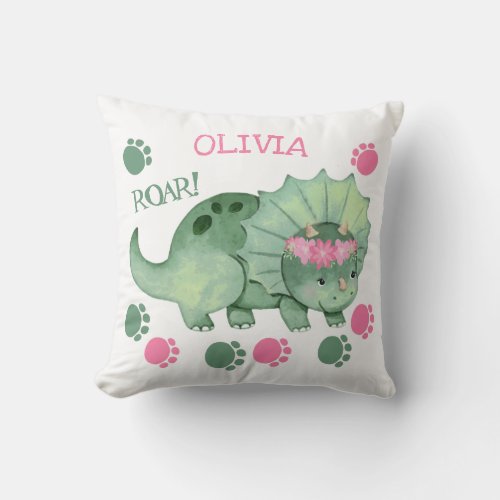 Cute Triceratops Girl Dinosaur Tracks Throw Pillow