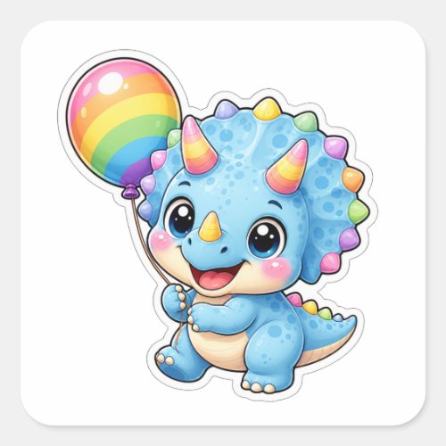 Cute Triceratops Rainbow Balloon Square Sticker