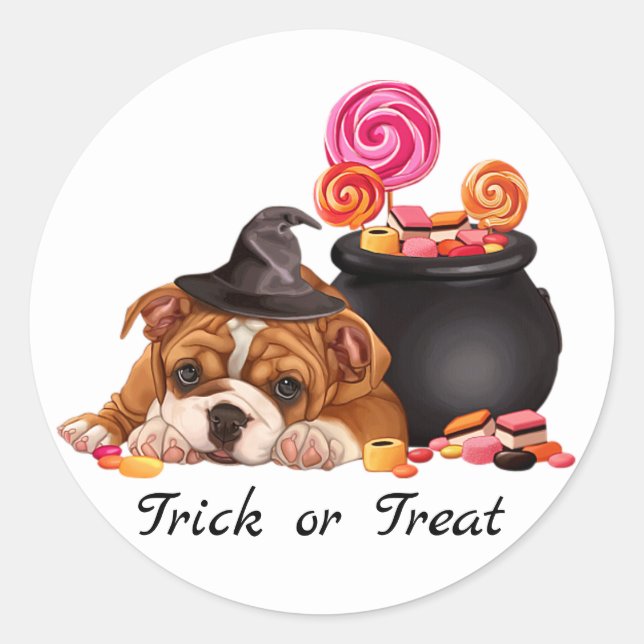 Cute Trick or Treat Candy Dog | Halloween Classic Round Sticker (Front)
