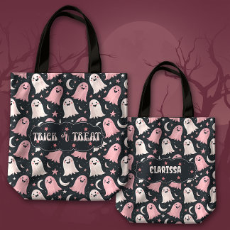 Cute Trick or Treat Ghosts with Moon and Stars Tote Bag