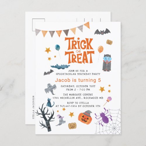 Cute Trick or Treat Halloween 5th Birthday Party Invitation Postcard