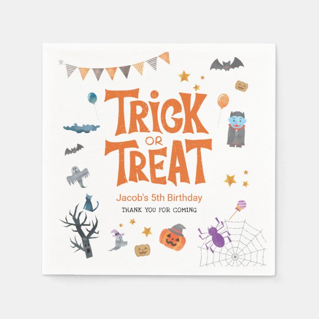 Cute Trick or Treat Halloween 5th Birthday Party Napkins (Front)