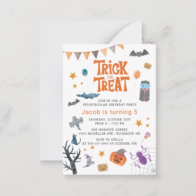 Cute Trick or Treat Halloween 5th Birthday Party Note Card (Front)