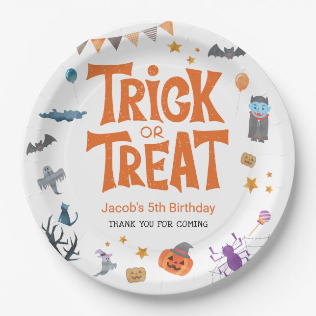 Cute Trick or Treat Halloween 5th Birthday Party Paper Plates (Front)