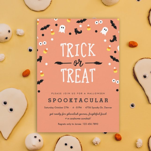 Cute Trick or Treat Kids Halloween Party Invites (Trick or Treat Halloween Spooktacular party invitation)