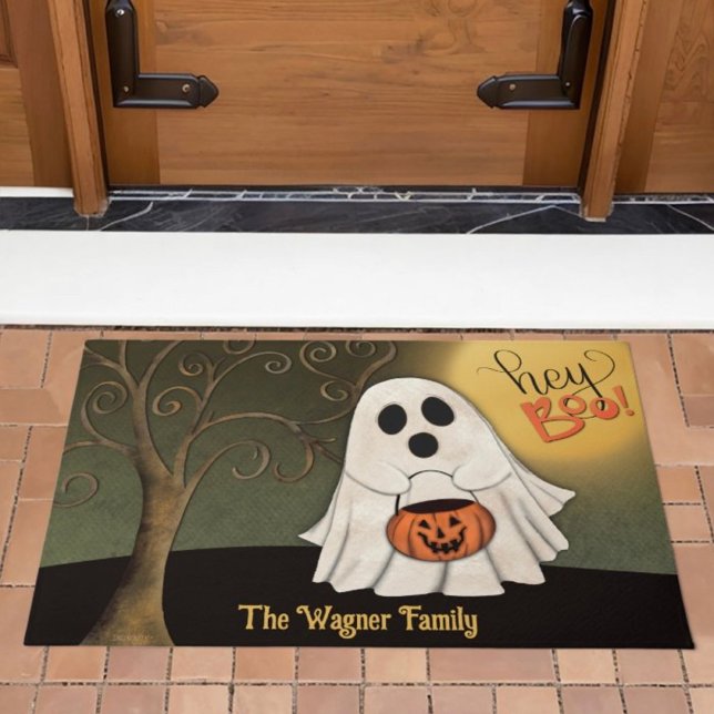 Cute Trick-or-Treater Ghost Halloween Customized  Doormat (Cute hey boo, personalize ghost, inspirivity doormat
)