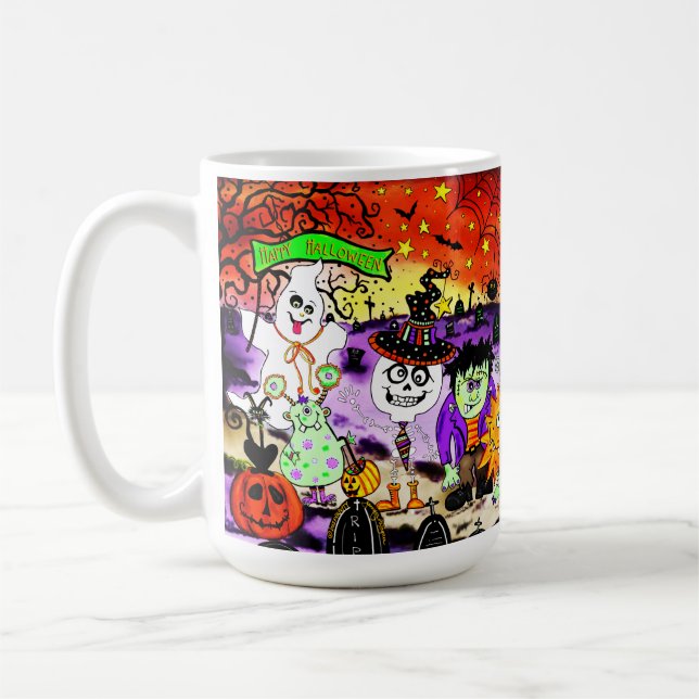 Cute Trick or Treaters Halloween Spooky Fun Coffee Mug (Left)