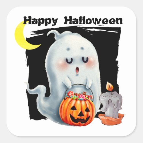 Cute Trick or Treating Ghost Kids Halloween Square Sticker