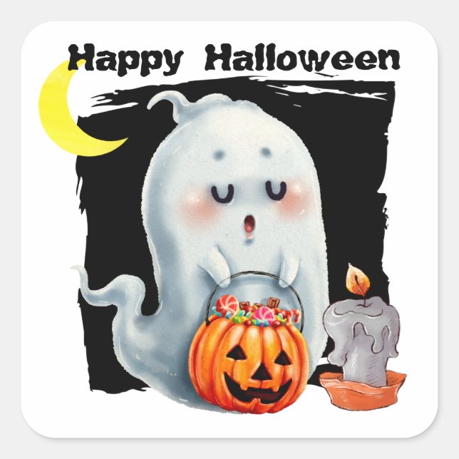 Cute Trick or Treating Ghost Kids Halloween Square Sticker (Front)