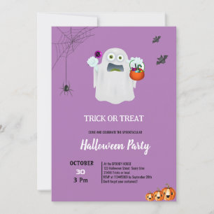 Cute trick treat ghost pumpkin purple halloween invitation