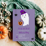 Cute trick treat kids ghost sweets Halloween party Invitation<br><div class="desc">Trick or treat? Adorable cute Halloween party illustrations featuring an adorable ghost with a witch hat and a carved pumpkin with sweets,  perfect for Halloween All the illustrations colors are fully editable so you can create your own color palette. With cute purple polka dots pattern at the back.</div>