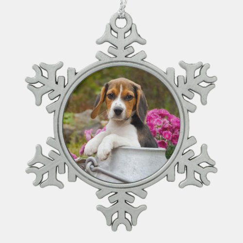 Cute Tricolor Beagle Dog Puppy in a Milk Churn _ Snowflake Pewter Christmas Ornament