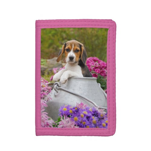 Cute Tricolor Beagle Dog Puppy in a Milk Churn _ Trifold Wallet