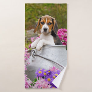 Cute Tricolor Beagle Dog Puppy Pet in a Milk Churn Bath Towel Set