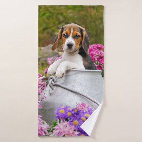 Cute Tricolor Beagle Dog Puppy Pet in a Milk Churn Bath Towel Set