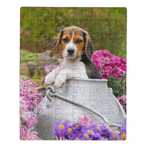 Cute Tricolor Beagle Dog Puppy Pet in a Milk Churn Jigsaw Puzzle