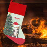 Cute Tricolor Corgi Santa Hat Custom Christmas  Christmas Stocking<br><div class="desc">This beautiful tricolor Pembroke Welsh Corgi dog has their head tilted inside of a cute Santa Claus hat. The pup is sitting in front of a pretty Christmas tree decorated with colorful ornaments. Personalize this Christmas stocking for your pet in lovely red cursive above the wonderful drawing of my favorite...</div>