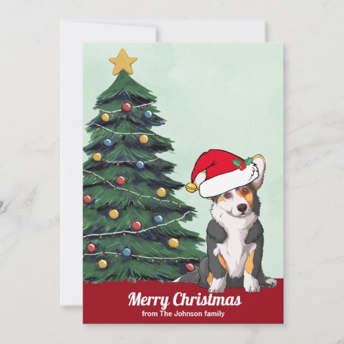 Cute Tricolor Corgi with Tail Christmas Custom Holiday Card