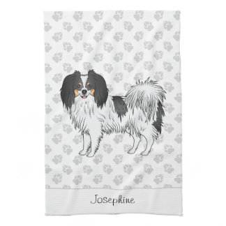 Cute Tricolor Phalène Cartoon Dog With Custom Name Kitchen Towel
